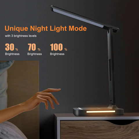 LED Desk Lamp With Wireless Charger And USB Port, Built-In Clock, Alarm, Date And Temp in black finish, night light mode