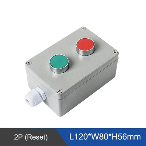 Front view of gray metal push-button control box with red and green buttons; 2P reset