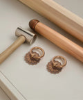 Six Pack Vintage Style Brass Drawer Knobs and Ring Pull Handles Set shown with tools.