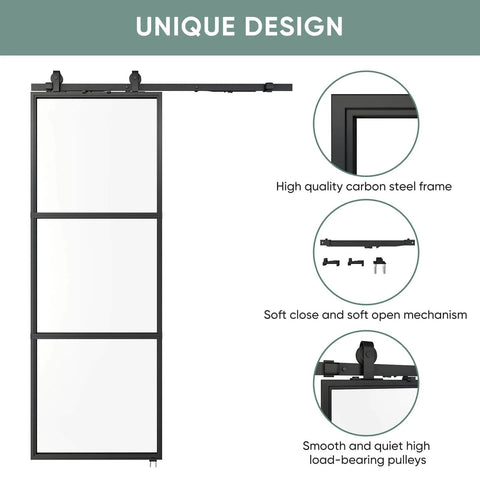 Clear Tempered Glass Barn Door 36 Inch By 84 Inch With Carbon Steel Frame Pre Drilled Panel Sliding Door Kit With 6 Ft Hardware And Soft Close Easy To Install No Carpentry Needed shown with carbon steel frame details
