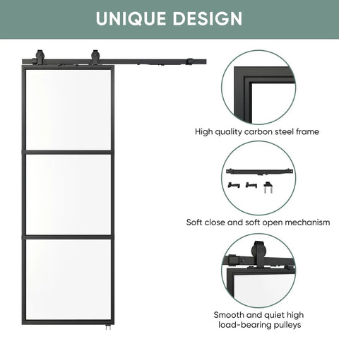 42-Inch By 84-Inch Glass Barn Door With Tempered Clear Glass, Pre-Drilled Carbon Steel Frame, sliding barn door design elements