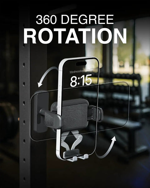 Magnetic Phone Holder With No Fuss Quick Release Clamp for Golf Cart And Gym showing 360-degree rotation on metal surface