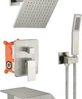 Brushed Nickel Bathtub Shower Faucet Set With 8 Inch Rain Shower Head And Handheld Sprayer Tub Spout Shower Combo Concealed Install.