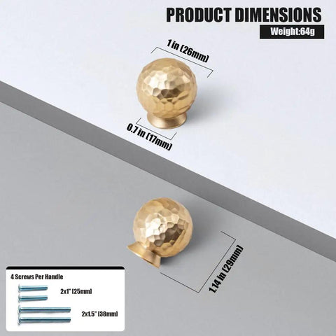 Dimensions of Champagne Bronze Cabinet Knobs Set 6 Pack, Modern Hammered Ball Drawer Pulls specified on a grey background.