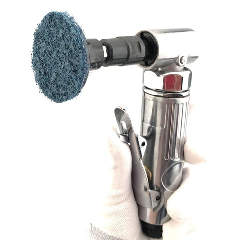 Pro Grade Pneumatic Angled Grinder Kit With Rubber Sanding Discs And 80 Grit Pads featuring a blue rubber sanding disc on a metal body.