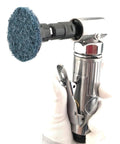 High Rpm Pneumatic Angled Grinder Tool Set With Swappable Collets Lightweight One Hand Design for polishing with a blue pad.