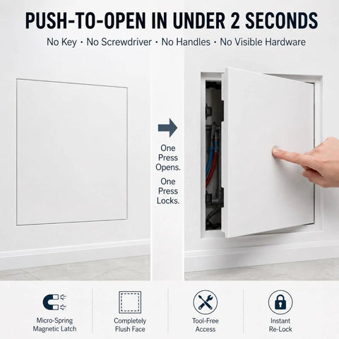 Sleek Quick Swap Access Panel 10X18 Inch Featuring Magnetic Aluminum Frame And Tough Galvanized Steel For Drywall Ceiling Plumbing Electrical HVAC Jobsite Renovation Smooth Install with push-to-open feature