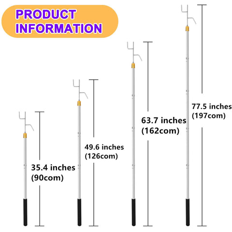 Adjustable 29 To 71 Inch Clothes Line Pole With Dual Hooks in four extended lengths with measurements shown