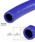 Close-up of blue reinforced silicone vacuum heater hose, showing dimensions, 12mm ID, 18mm OD, half inch by 3.3 feet, 392°F max.