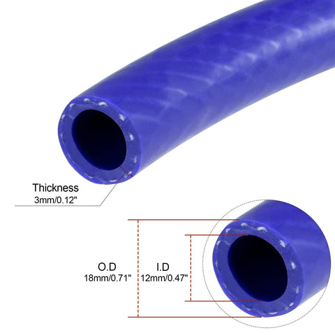 Close-up of blue reinforced silicone vacuum heater hose, showing dimensions, 12mm ID, 18mm OD, half inch by 3.3 feet, 392°F max.