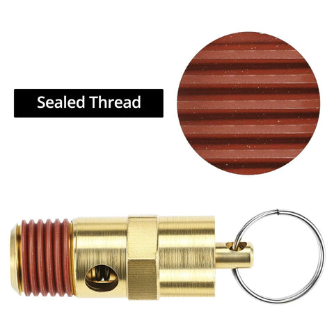 Front view of brass 1/4 in NPT pressure relief valve with red seal threads and attached key ring