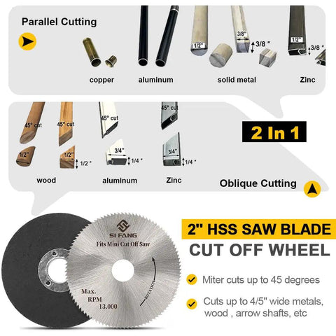 Diagram displaying cutting capabilities of the Mini Miter Chop Saw For Metal Wood Plastic Crafts Benchtop Cut Off Saw With 0 To 45 Degrees Adjustable Cut Compact Electric Table Tool