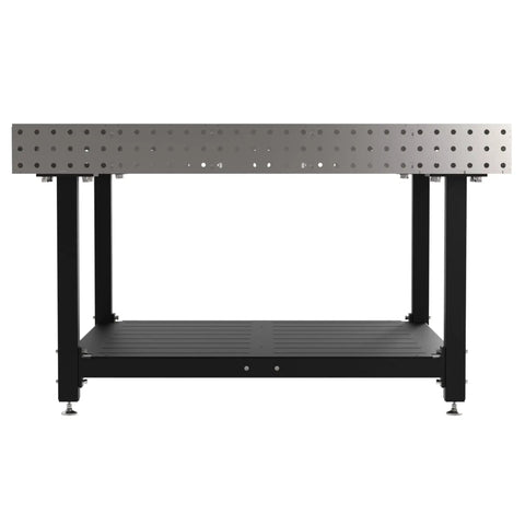 Heavy Duty Welding Fixture Table With Storage Shelf 60 By 60 By 36 Inches with precision laser cut holes and coated legs.