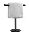 Freestanding Hand Towel Holder Stand For Bathroom Vanity Countertop Matte Black Finish with towel draped over bar