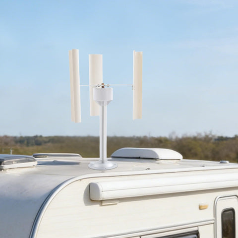 Three Blade Vertical Axis Wind Turbine Kit With 12V 40W 3-Phase Permanent Magnet Motor installed on camper roof, outdoor use.