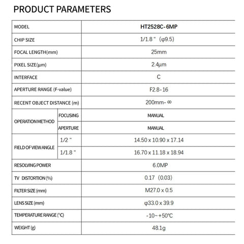 Technical specifications chart for 25mm Focal Length Machine Vision Lens For Industrial Cameras C Mount Low Distortion 6MP HT2528C6MP