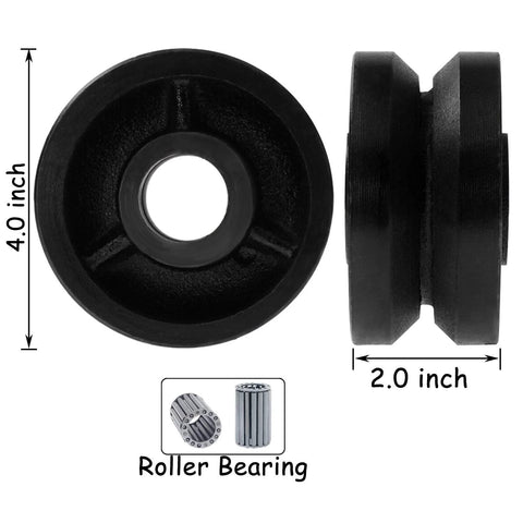 Front view: cast iron V-groove caster wheel, 4 in dia by 2 in wide, straight roller bearing; 3200 lbs capacity; 4-pack.