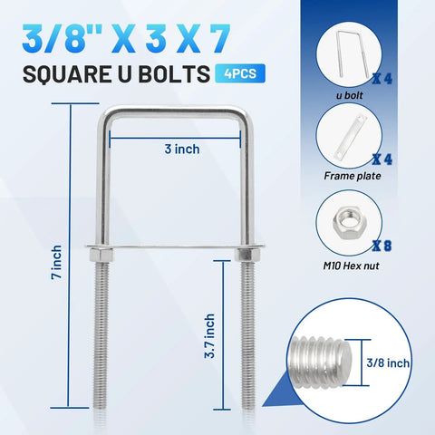 Beefy Heavy Duty Square U Bolts Kit With Frame Plates And Nuts Three Eighths Inch Diameter By Three Inch Wide By Seven Inch Long
