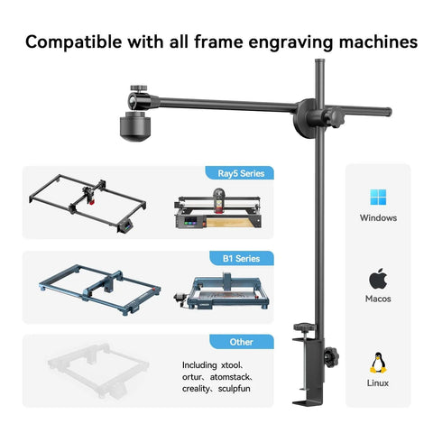 LightBurn camera kit for laser engravers mounted on a tall adjustable stand with horizontal arm, black.