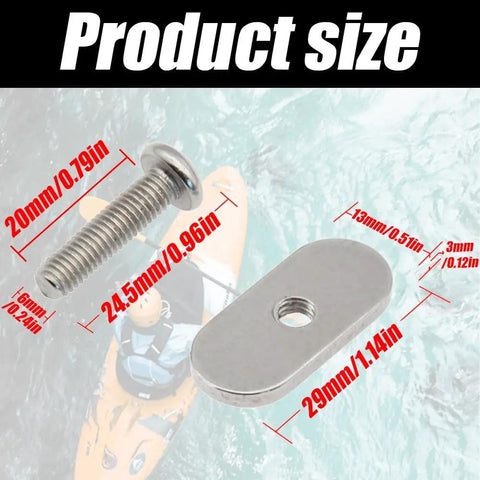 Heavy Duty Stainless Steel Kayak Rail Screws and Nuts Kit dimensions details on a kayaking background