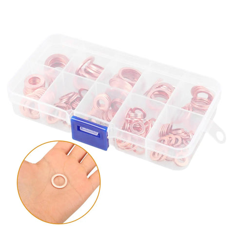 Copper Crush Sealing Washers Assortment Kit With Beefy Bolts For Car Oil Drain Plugs And Plumbing Fittings in clear storage box.