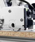 Close-up of Plunge Cut Saw With Scoring Function TSV 60 KEB F Plus Diamond Scoring Blade cutting a wooden panel