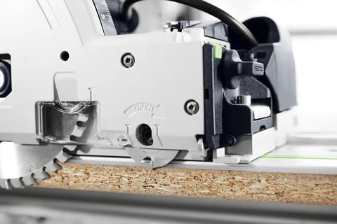 Close-up of Plunge Cut Saw With Scoring Function TSV 60 KEB F Plus Diamond Scoring Blade cutting a wooden panel