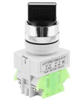 Hella Durable 3 Position Maintained Selector Switch For Industrial Builds Rock Solid Self Locking 2NO Plus 1NC Wiring Medium Low Voltage Electrical Rig Setup, with silver dial and green connector.