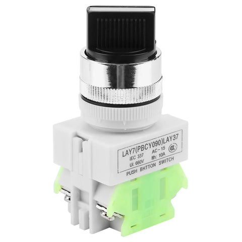 Hella Durable 3 Position Maintained Selector Switch For Industrial Builds Rock Solid Self Locking 2NO Plus 1NC Wiring Medium Low Voltage Electrical Rig Setup, with silver dial and green connector.