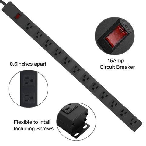 Long 12 Outlet Power Strip Surge Protector With 6 Foot Cord And 1200 Joules Of Surge Protection, Wide Spaced Outlets For Big Plugs, Perfect For Your Home Office Setup, Entertainment Center Or Workshop, Black, 15A circuit breaker and mounting holes