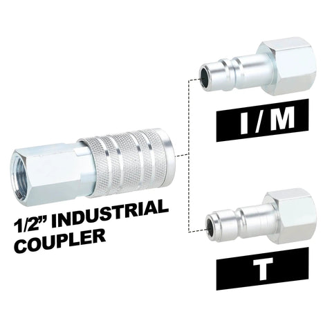 Heavy Duty 1/2 Inch Quick Connect Air Fittings Kit With High Flow Performance Five Piece Industrial Couplers And Plugs displayed