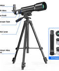 Portable 50mm Aperture 360mm Focal Length Refractor Telescope With AZ Mount For Beginners And Kids, black telescope on aluminum tripod