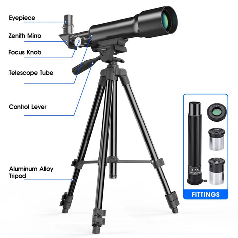 Portable 50mm Aperture 360mm Focal Length Refractor Telescope With AZ Mount For Beginners And Kids, black telescope on aluminum tripod