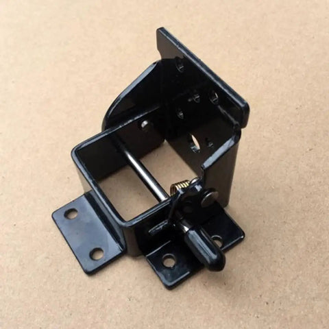 90 Degree Self Locking Folding Hinge for Tables, Chairs, Benches, Beds, and Coffee Tables Black Heavy Duty Leaf Hardware shown in close-up.