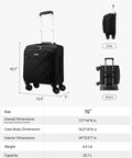 Underseat Carry-On Luggage With Spinner Wheels, Soft Sided 15 Inch Travel Case, dimensions and side view, Black.
