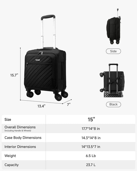 Underseat Carry-On Luggage With Spinner Wheels, Soft Sided 15 Inch Travel Case, dimensions and side view, Black.