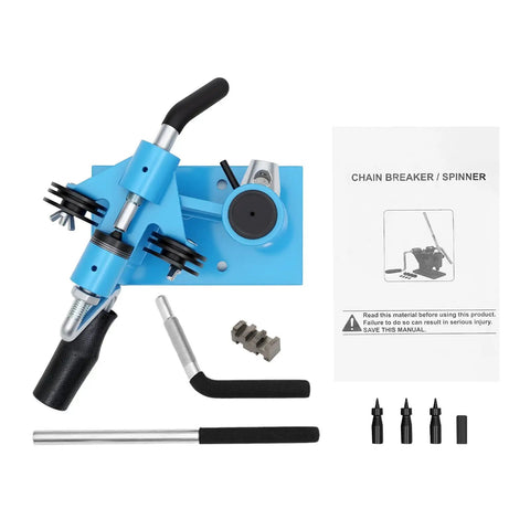 Chainsaw Chain Breaker And Rivet Link Breaker Benchtop Tool with manual, punches, connectors, and handles, blue and black finish
