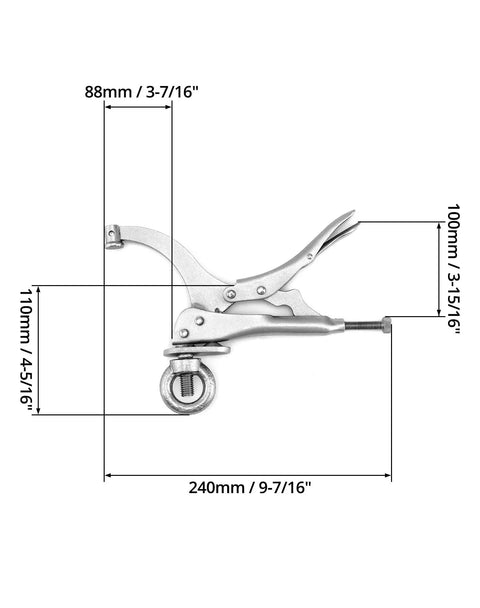 9 Inch Drill Press Locking Clamp Set, Heavy Duty Fix Clamp With Super Tight Grip, Titanium Plated 1045 Steel, dimensions visible
