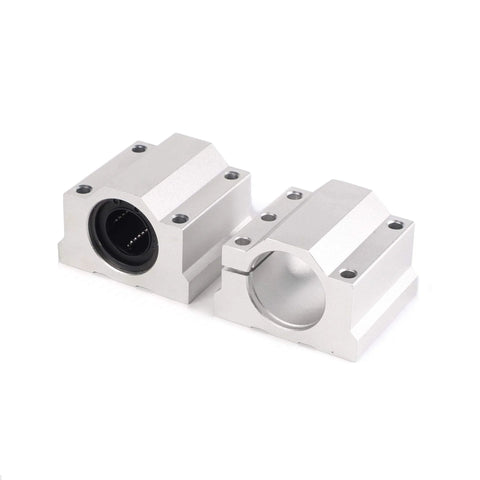 Two silver aluminum SCS8UU linear motion ball bearing bushings for 8mm shafts (front and side views).