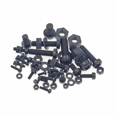 750 Piece Metric Nylon Screws Assortment Kit In Black With Phillips Pan Head Screws M2 Through M6 Hex Nuts And Flat Washers PA66 Nylon Hardware Set.