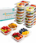 Two Compartment Reusable Snack Containers With Lids 20 Pack 40 Pieces Leak Proof Snack Prep Trays For Kids Grab And Go Ideal For Lunches Camping And Meal Prep Portion Control Snack Storage stacked with food