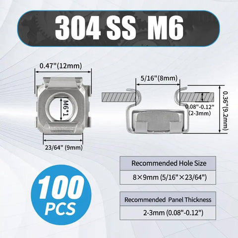 100 Pack M6 Rack Mount Cage Nuts 304 Stainless Steel Server Rack Hardware with dimensions and recommended sizes.