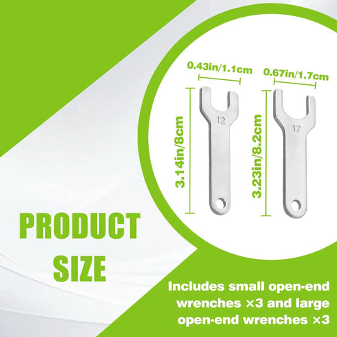 Six Pack Pneumatic Air Die Grinder Wrench Tool Set Featuring 301-69A And 301-69B Sizes shows sizes of open-end wrenches 12 and 17.