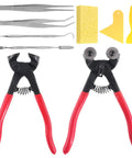 Mosaic Tile Nippers Kit Pro Grade With Heavy Duty Glass Nippers, scrapers, tweezers, hook, spatula, and sponge for DIY projects.