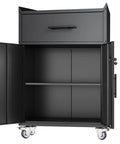 35 Inch Adjustable Tool Storage Cabinet With Silent Glide Lockable Casters And Industrial Grade Secure Latch For Zero Drama Garage Organization In Matte Black with open doors and internal shelves.