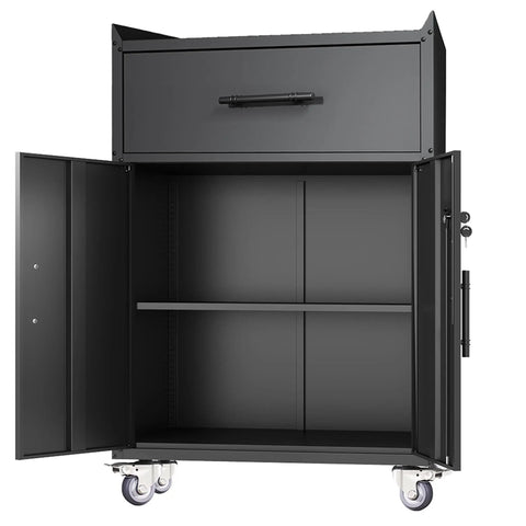 Heavy Duty Lockable Rolling Tool Storage Cabinet With Adjustable Inner Shelves And Floor Friendly Swivel Casters For Garage Workspace Organization Top Tier Mobile Locker In Black, open view with adjustable shelves.
