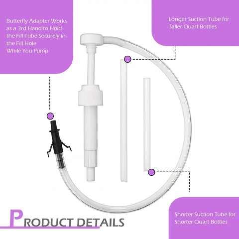 Heavy Duty Manual Transmission Fluid Pump Kit For Fast Gear Oil Exchange and Brake Bleeding includes suction tubes and butterfly adapter.
