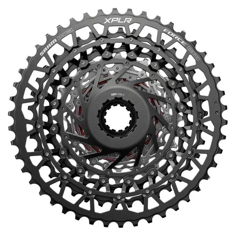 XPLR 13-Speed Cassette 10-46T for Gravel Cycling, close-up of beefy steel cogs, showcasing lightweight and corrosion-resistant design