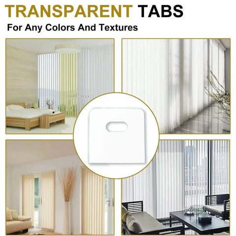 Quick Fix Vertical Blind Repair Kit With Grippy Adhesive Tabs For Bent Or Snapped Slats showcases clear adhesive tabs for vertical blinds.