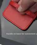 4 Pack Elastic Strap Screen Cleaning Pads With Soft Cloth Wipes For All Screens Including iPad iPhone MacBook Tablet Laptop TV Camera Color Mixed Super Handy For Travel And Everyday Use with red PU leather handle close-up